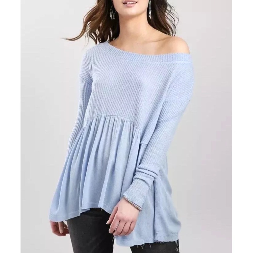 DAYTRIP BUCKLE Blue THERMAL KNIT Off-The-Shoulder RAW HEM Babydoll BLOUSE/TOP XL
